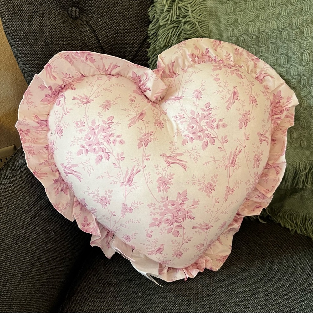 NWT Pink Heart Floral Ruffled Pillow / Shabby Chic